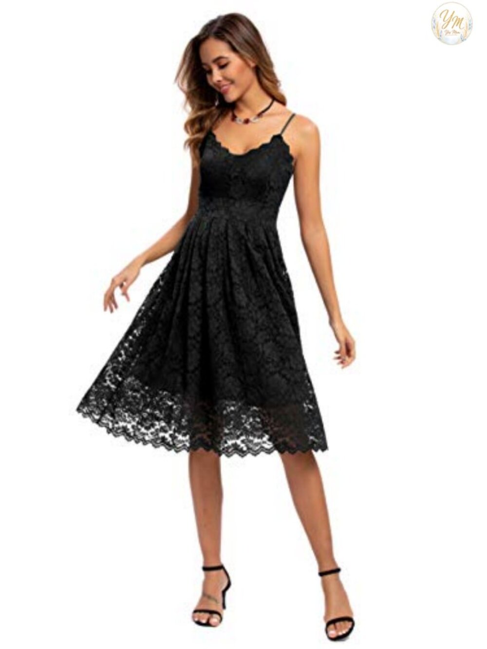 Womens Spaghetti Strap V Neck Sleeveless A Line Lace Dress Evening Cocktail